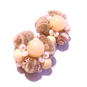 Mid Century Beige Tone Bead Cluster Clip On Earrings